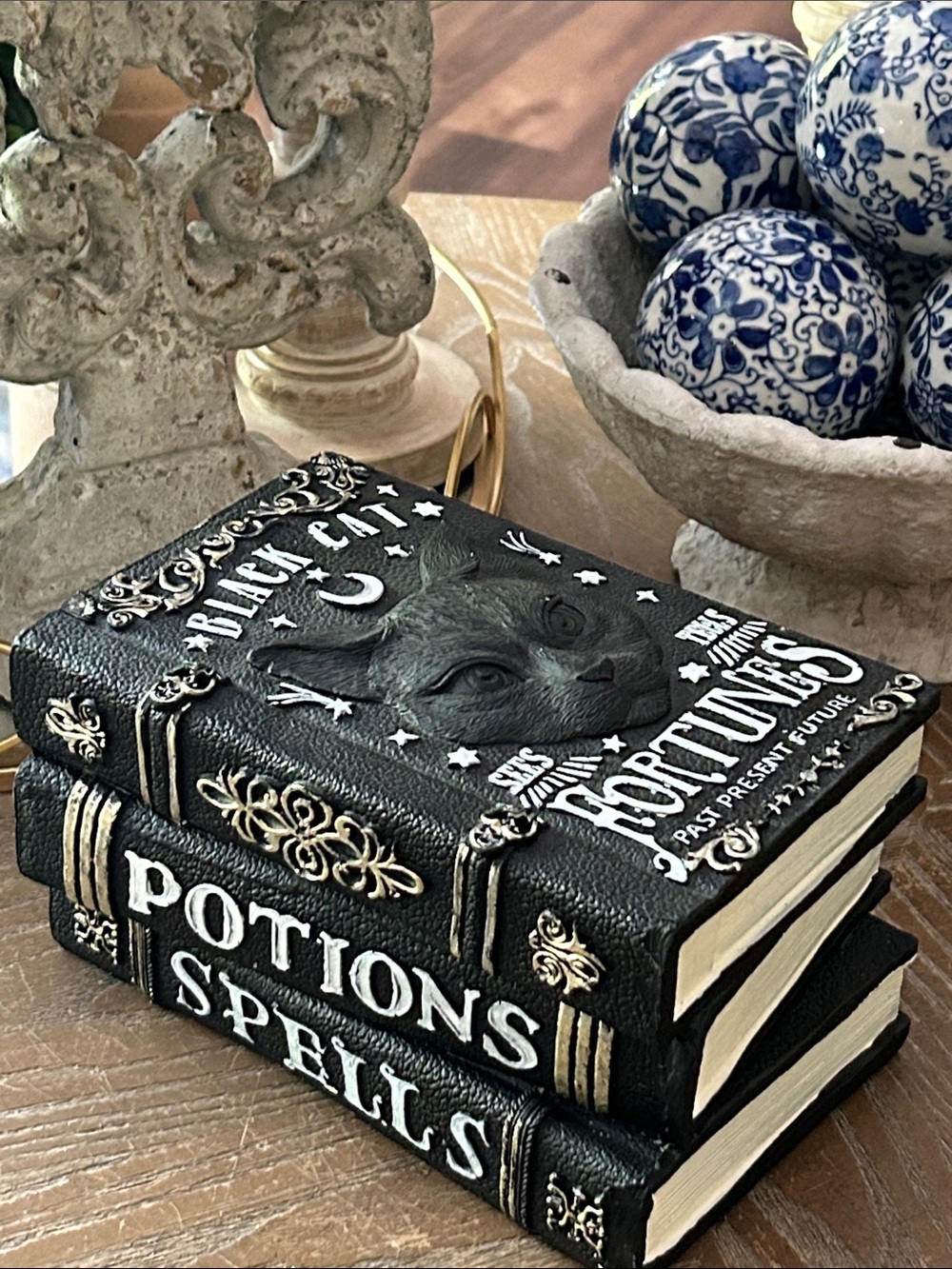NEW! Vintage Inspired Black Cat Potions & Spells Halloween Witch Book Stack